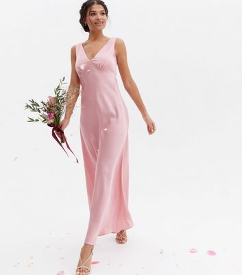 Pink Satin V Neck Sleeveless Maxi Dress ...